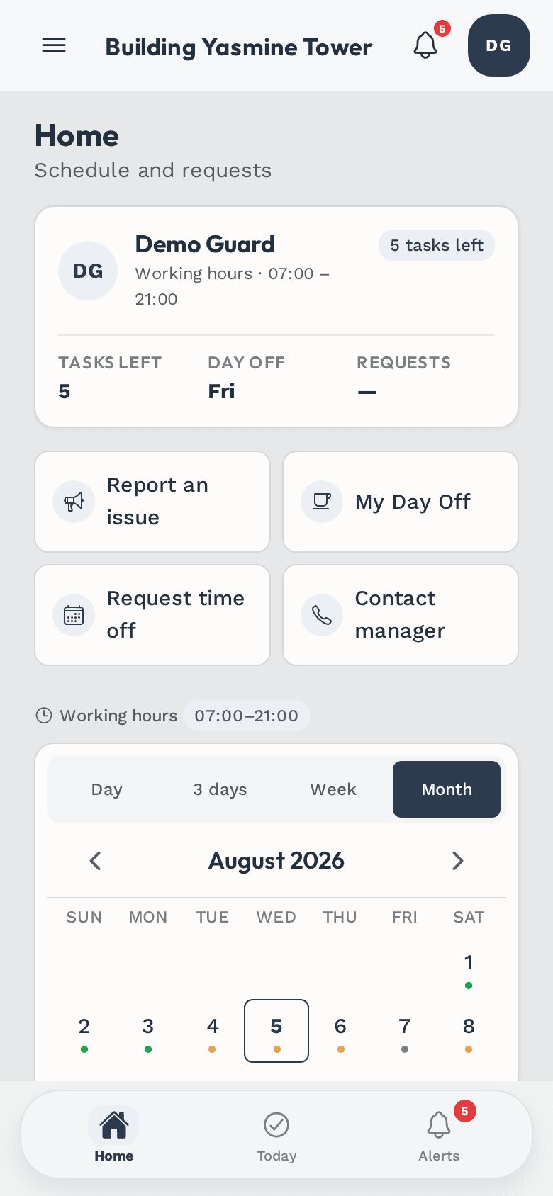 Guard: remaining tasks, rest day and the month at a glance