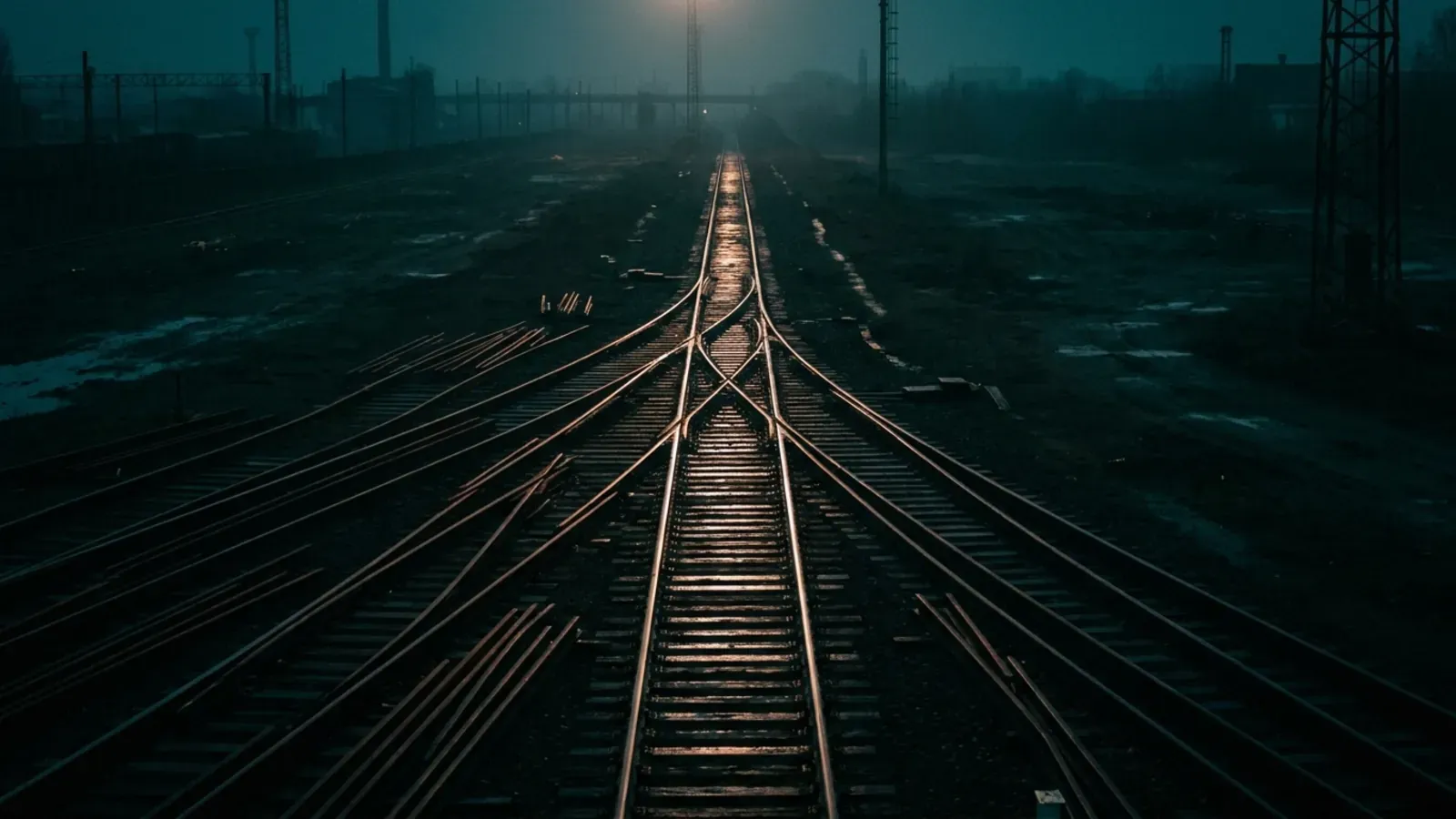 Many railway tracks converging into a single line at night, standing in for agent protocols consolidating under one standard