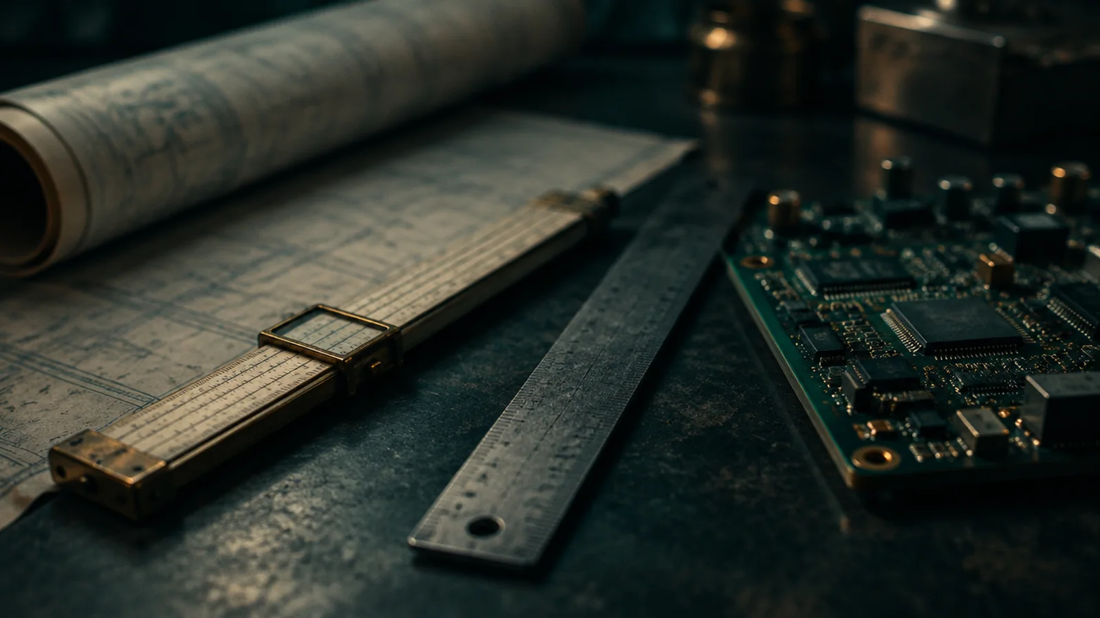 A slide rule, a steel ruler and a rolled blueprint beside a modern circuit board on a dark table