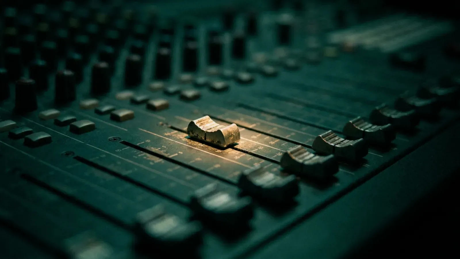 A row of faders on a studio mixing desk in low light, standing in for a generation of models that changed the controls
